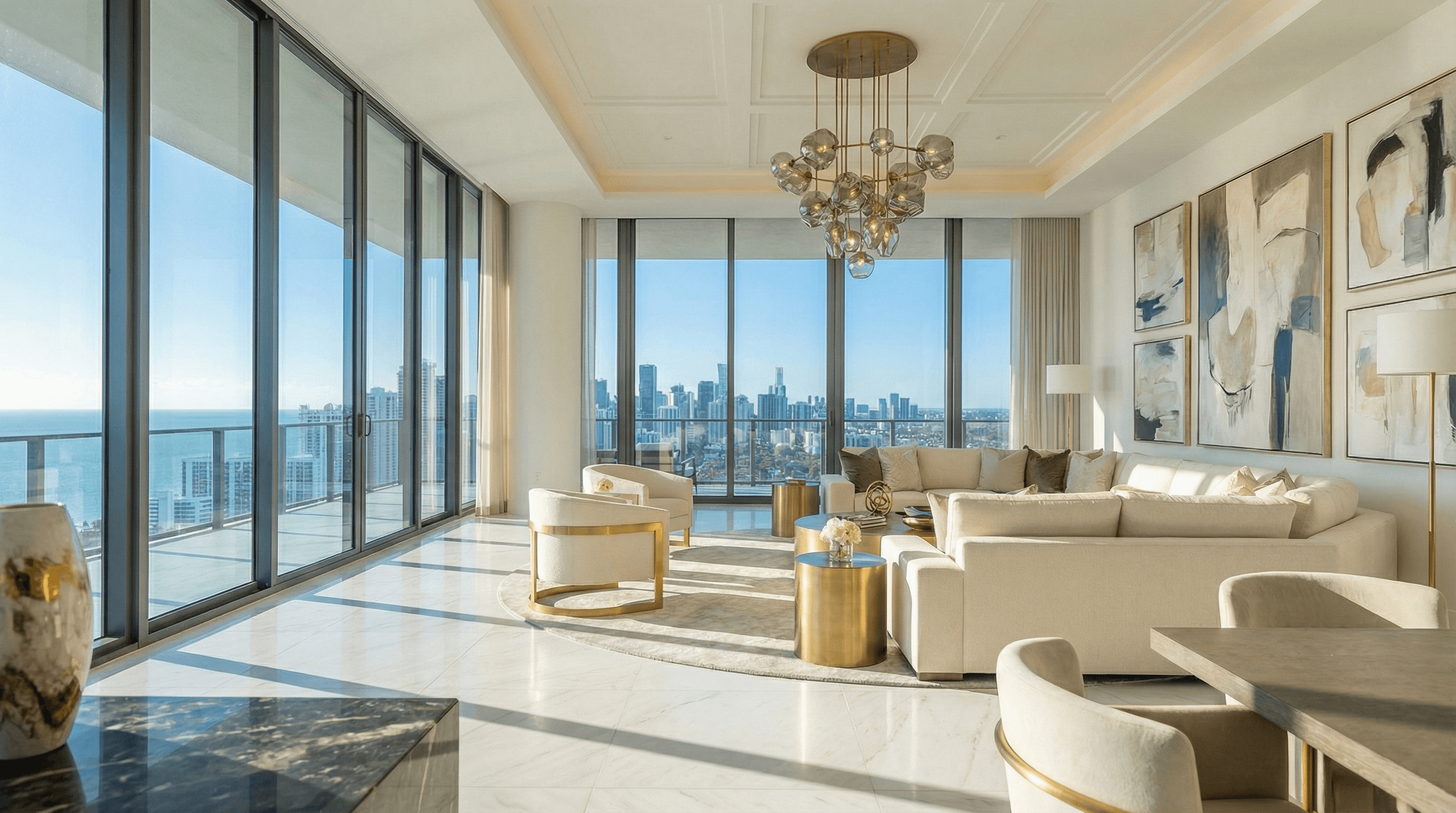Ultra-luxury penthouse interior with Miami skyline views