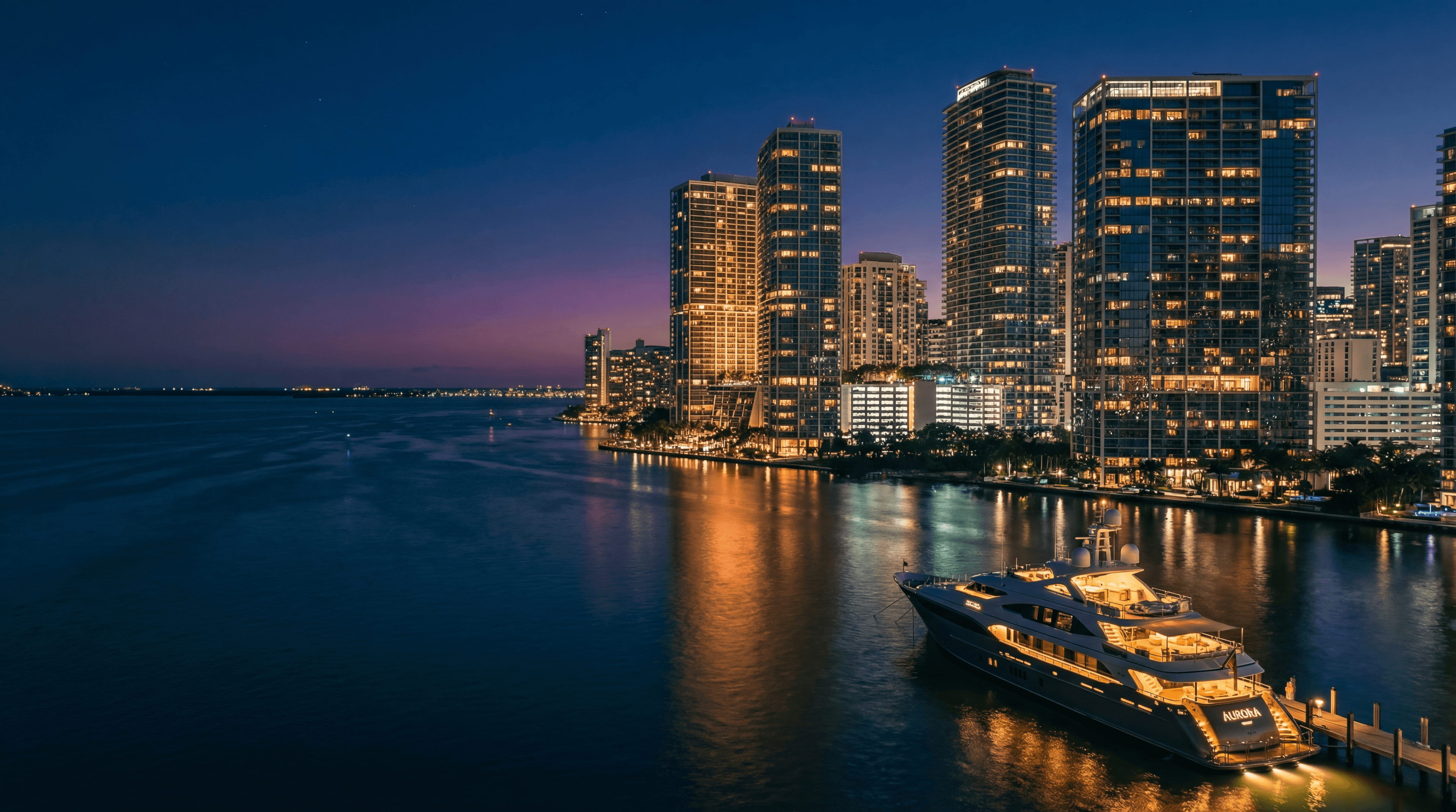 Miami skyline at night from Biscayne Bay